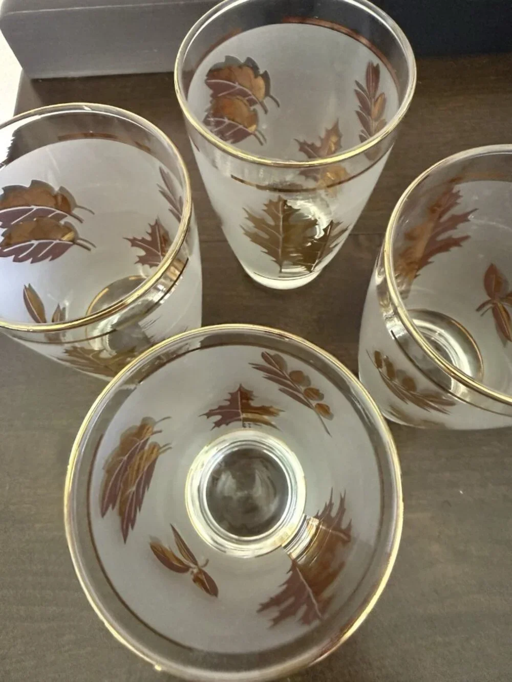 5 Vintage Libby Glass Company Tumblers Golden Foliage Pattern Frost Finish 22K